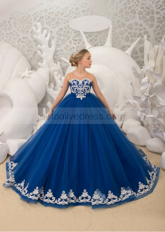 Silver Lace Royal Blue Tulle Sheer Back Foor Length Flower Girl Dress